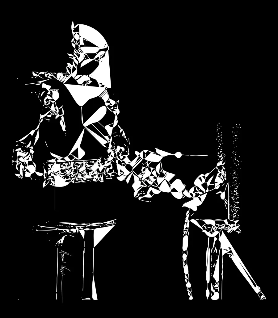 Line drawing in white on black of the humanoid David drilling into a block with a hammer drill