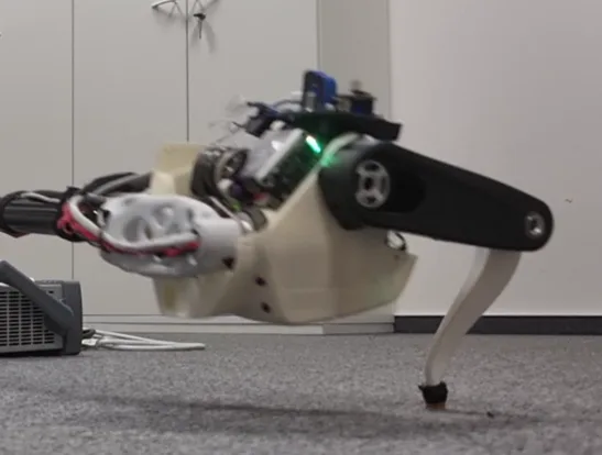 Small elastic hopping robot leg in mid-jump above a carpet